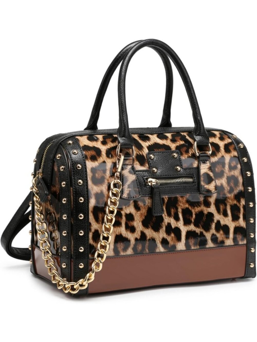 Shiny Patent Faux Leather Barrel Bag with Rivet Detail - Stylish Satchel